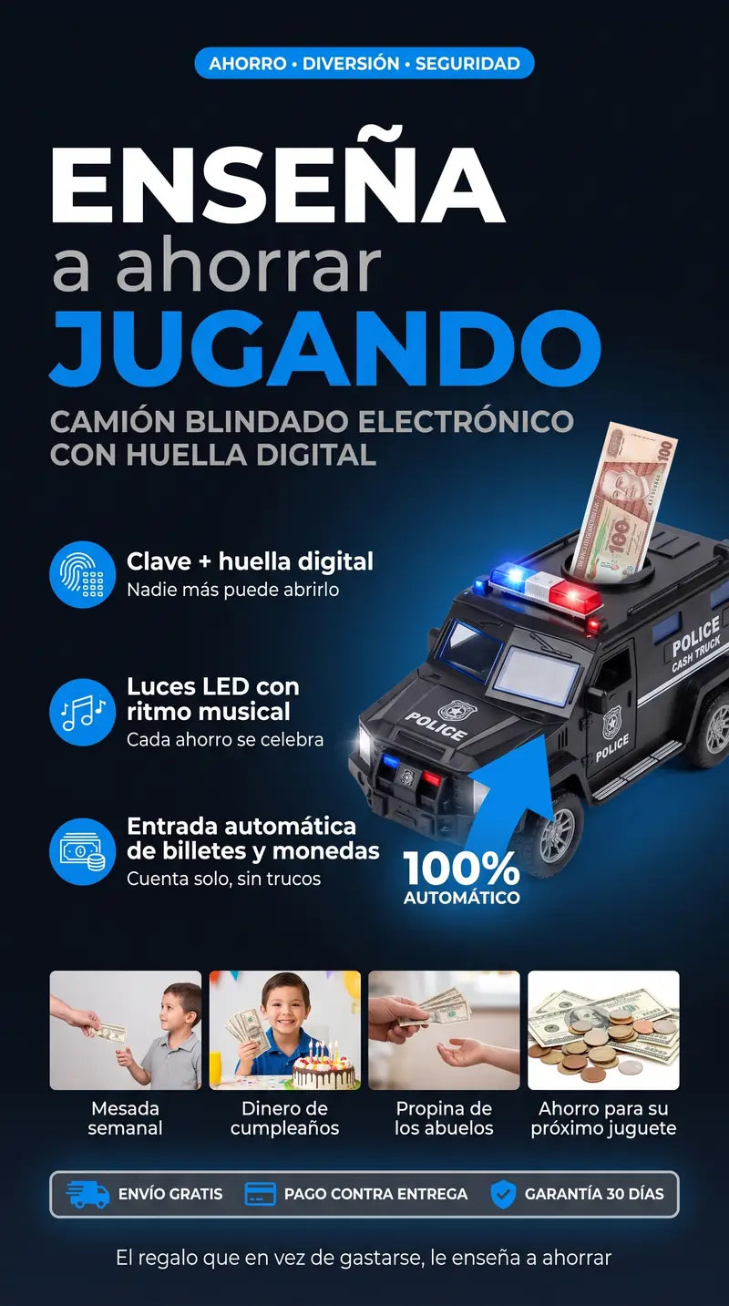 Enseña a ahorrar jugando: camión blindado electrónico con clave y huella digital, Armored Cash