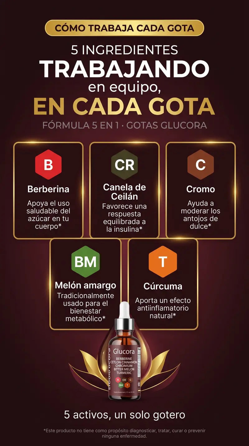 5 ingredientes trabajando en equipo en cada gota de Glucora