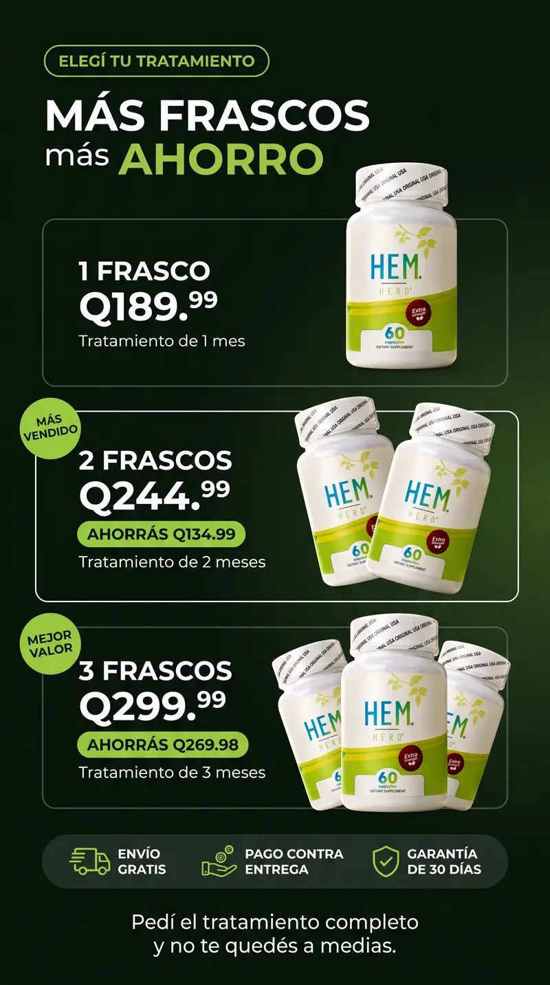 Elegí tu tratamiento: 1 frasco Q189.99, 2 frascos Q244.99 (ahorrás Q134.99), 3 frascos Q299.99 (ahorrás Q269.98)