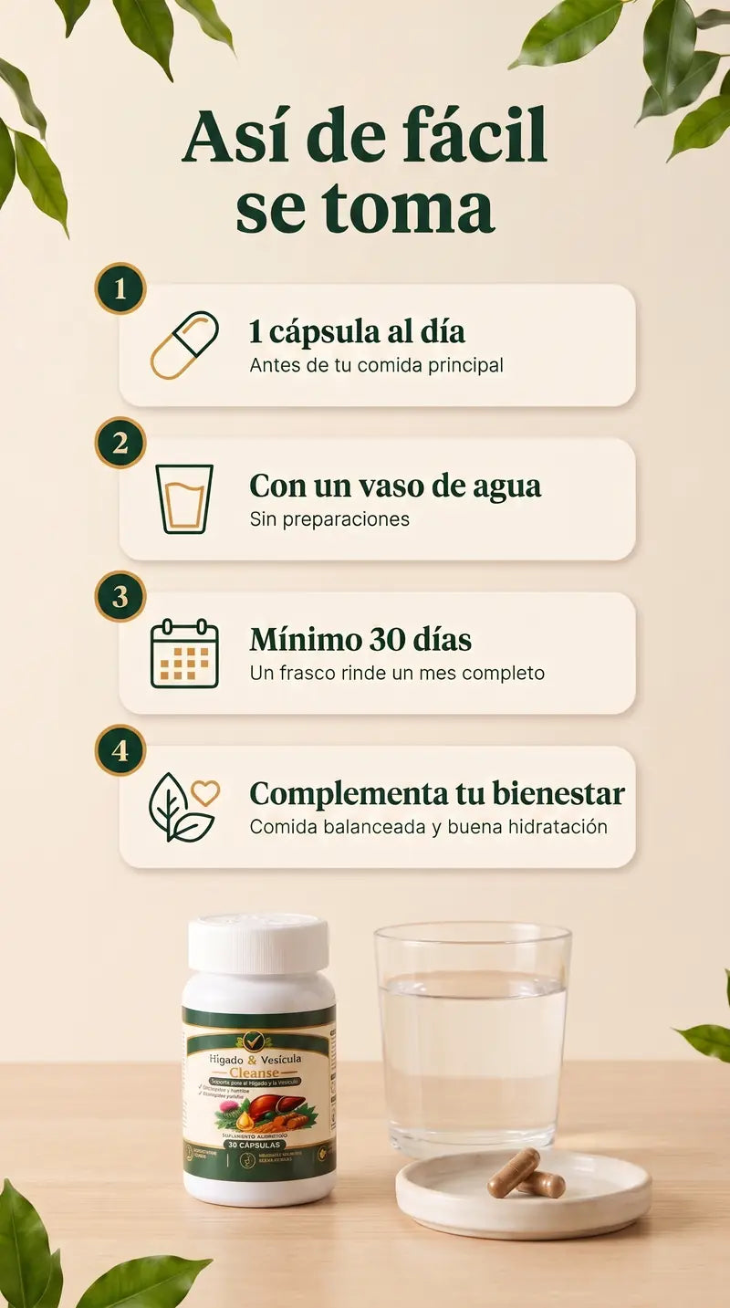 Así de fácil se toma: 1 cápsula al día antes de la comida principal, con agua, mínimo 30 días