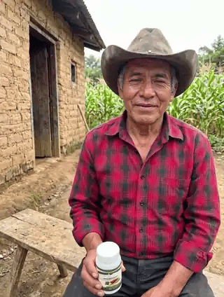 Señor en el campo mostrando el frasco de Hígado & Vesícula Cleanse