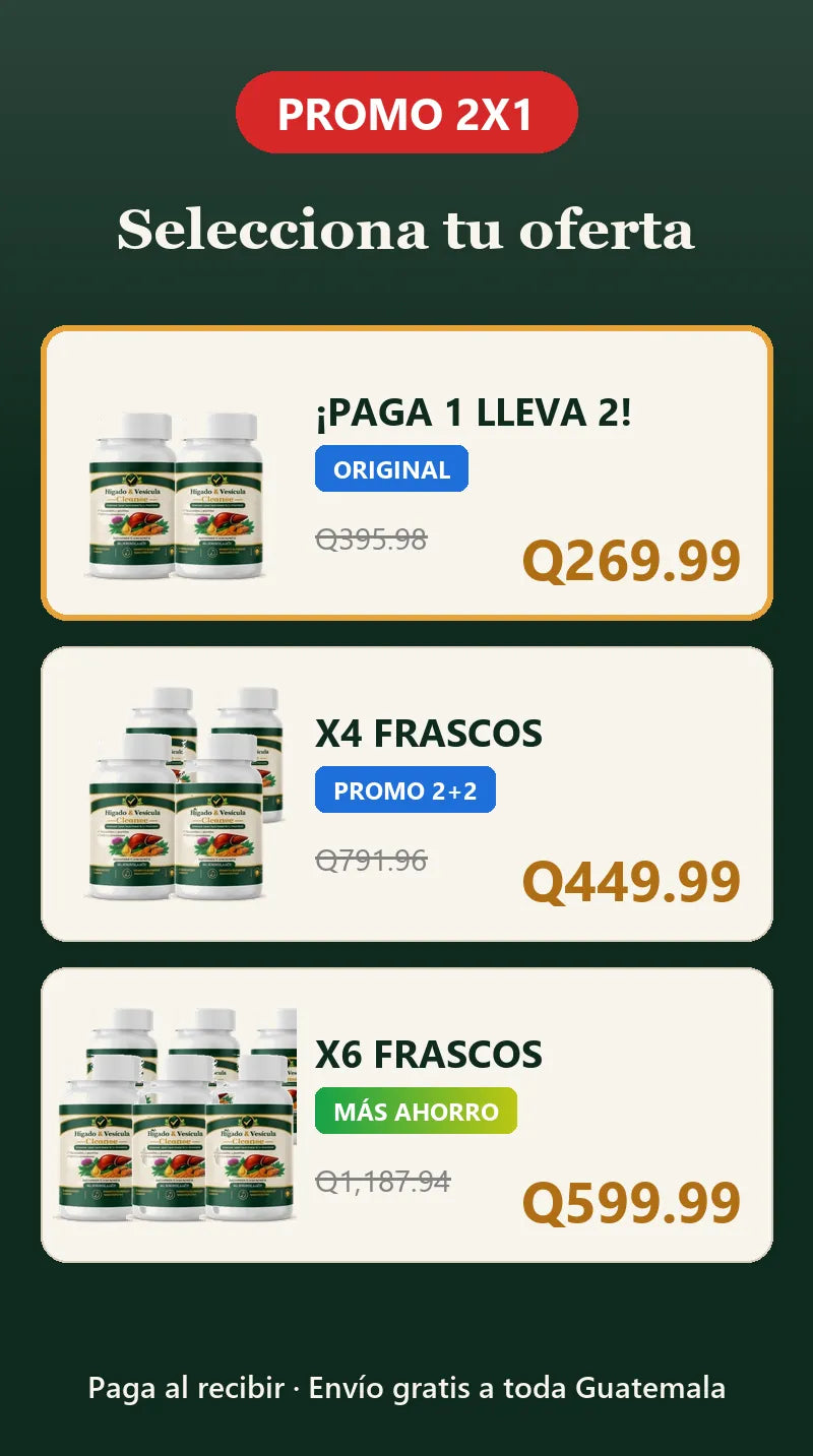Selecciona tu oferta: paga 1 y lleva 2 por Q269.99 (antes Q395.98); 4 frascos, promo 2+2, por Q449.99 (antes Q791.96); 6 frascos por Q599.99 (antes Q1,187.94). Paga al recibir, envío gratis