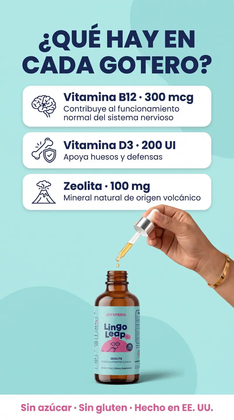 Qué hay en cada gotero: vitamina B12 300 mcg, vitamina D3 200 UI y zeolita 100 mg. Sin azúcar, sin gluten, hecho en EE. UU.