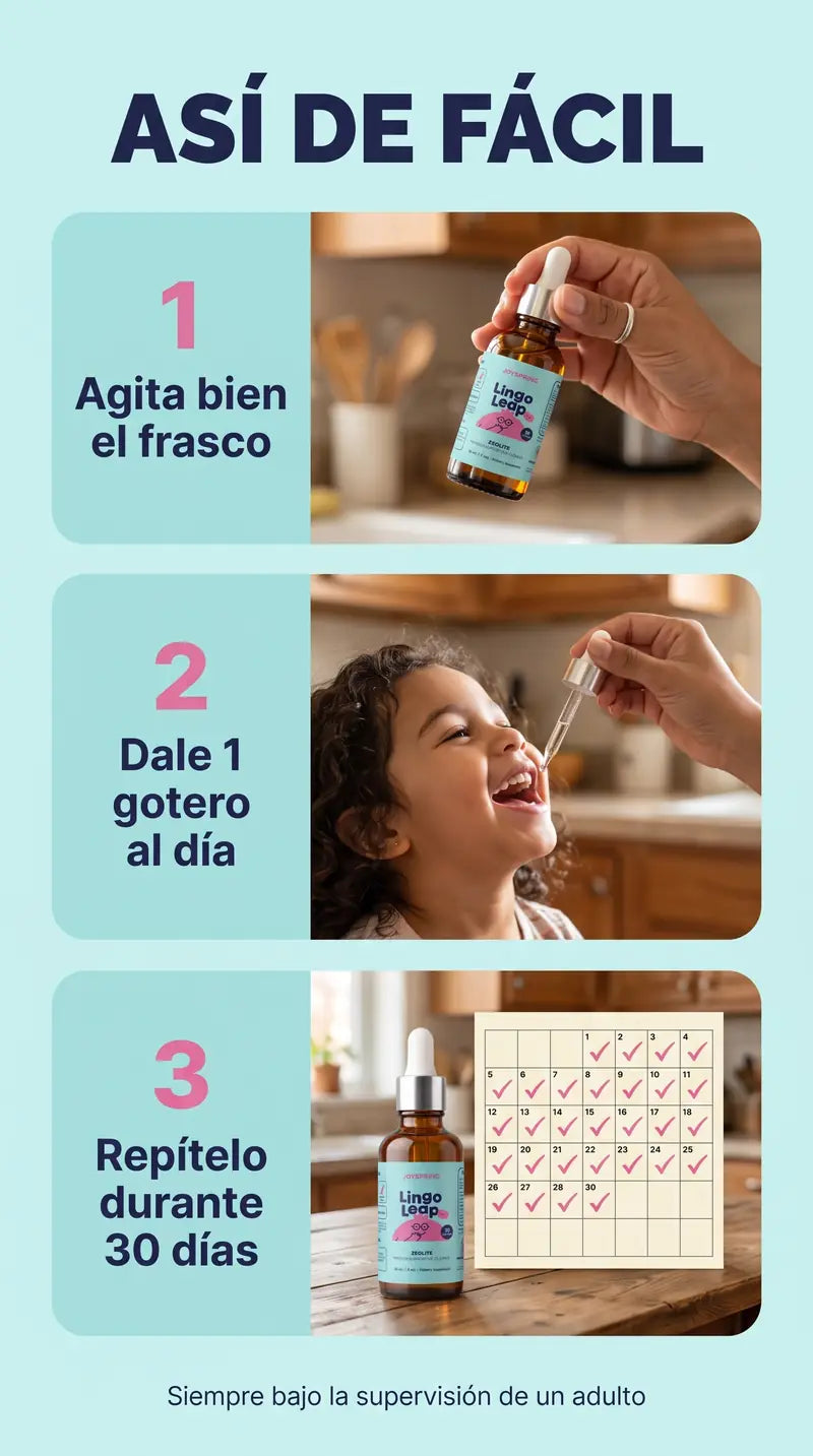 Así de fácil: agita el frasco, dale 1 gotero al día y repítelo durante 30 días, siempre bajo supervisión de un adulto