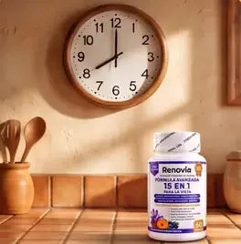 Frasco de Renovia junto a un reloj de pared