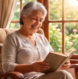Señora leyendo un libro junto a la ventana