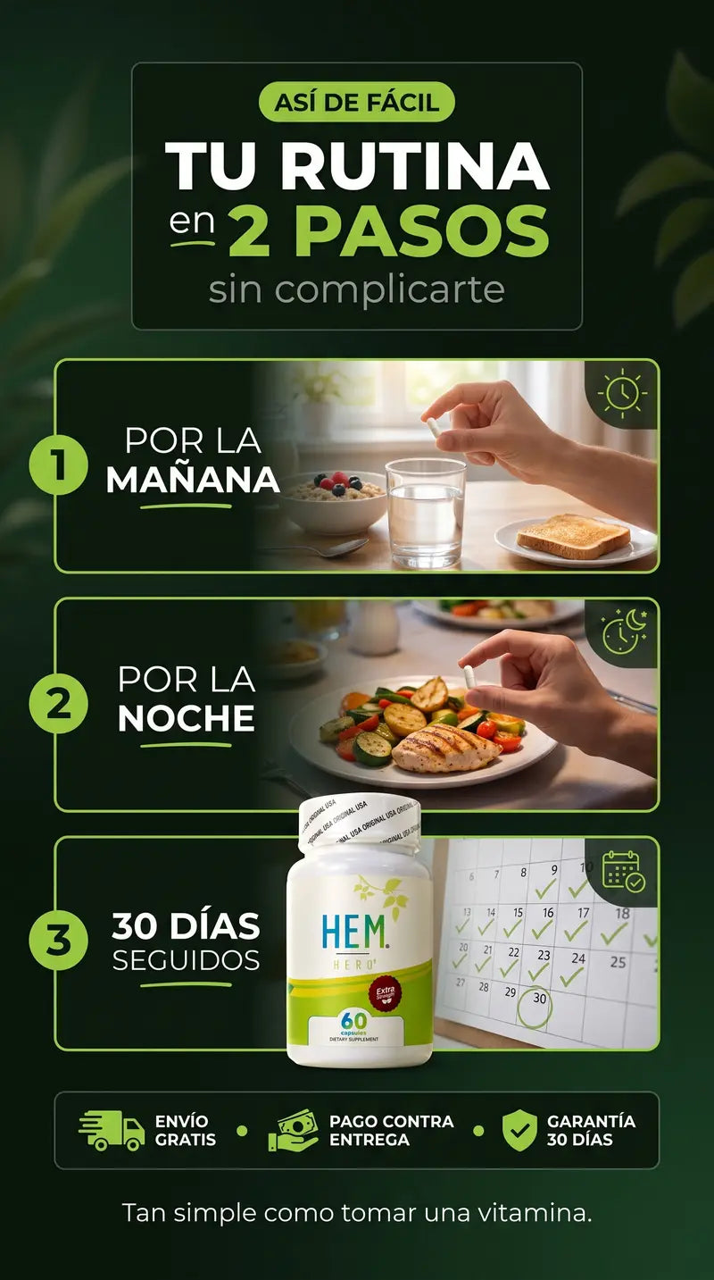 Cómo tomar Hem Hero: 1 cápsula en la mañana y 1 en la noche durante 30 días