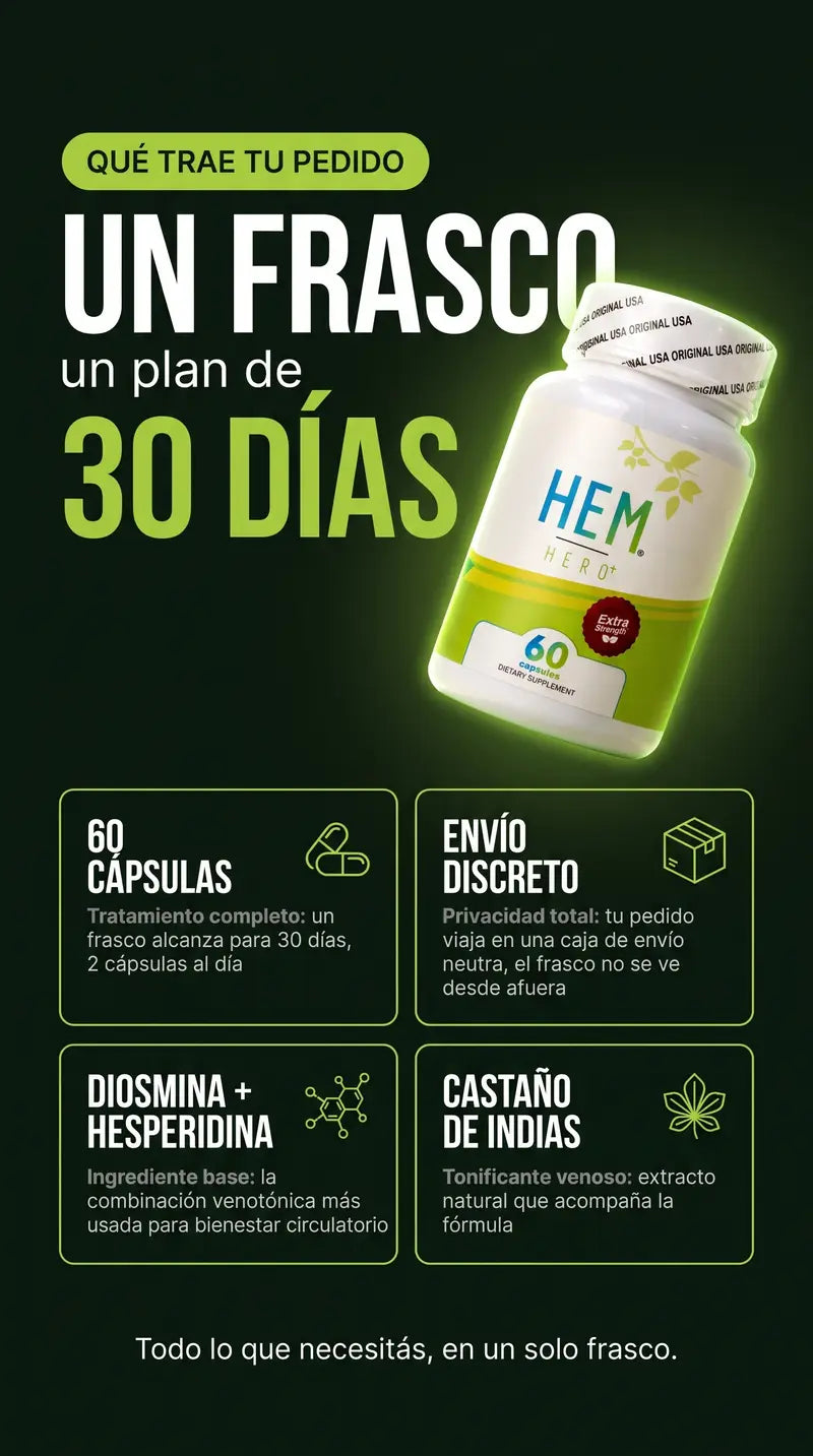 Qué trae tu pedido: 60 cápsulas, envío discreto, Diosmina + Hesperidina, Castaño de Indias