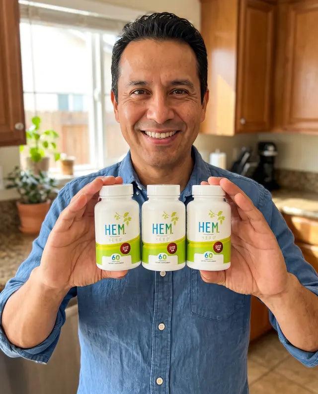 Rodrigo, cliente de Hem Hero en Escuintla, con sus 3 frascos