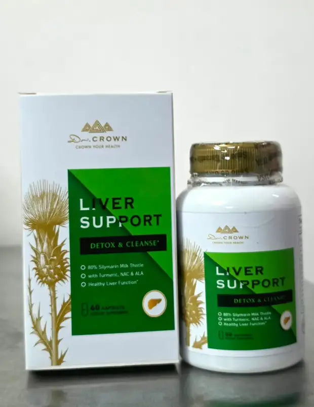 Frasco y caja reales de Dr. Crown Liver Support, 60 cápsulas