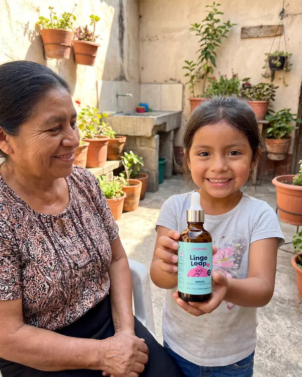 Abuela y nieta en el patio, la niña sostiene el frasco de Lingo Leap