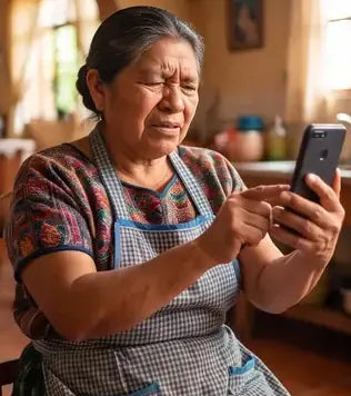 Señora entrecerrando los ojos para leer el celular