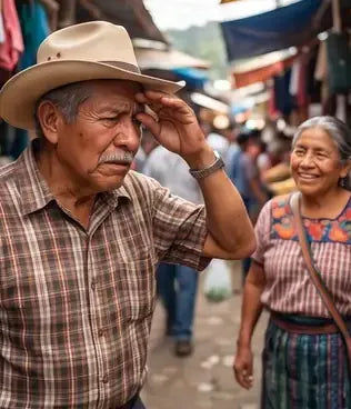 Señor tratando de reconocer a alguien de lejos en el mercado