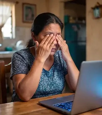 Mujer frotándose los ojos frente a la computadora