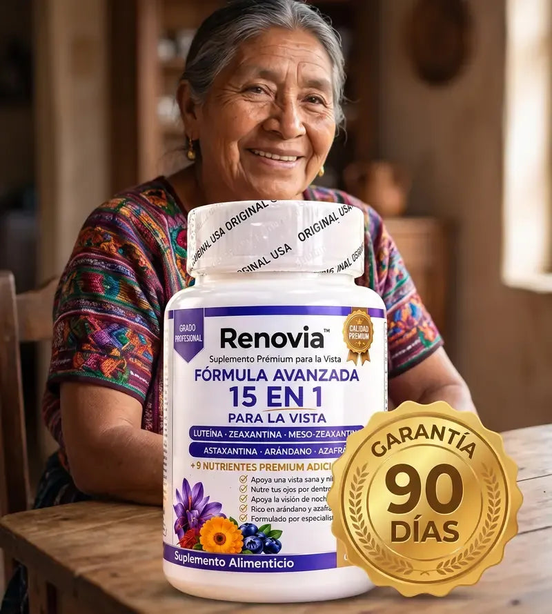Señora sonriendo con su frasco de Renovia y sello de garantía de 90 días