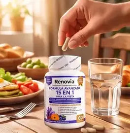 Mano tomando una cápsula de Renovia junto al desayuno